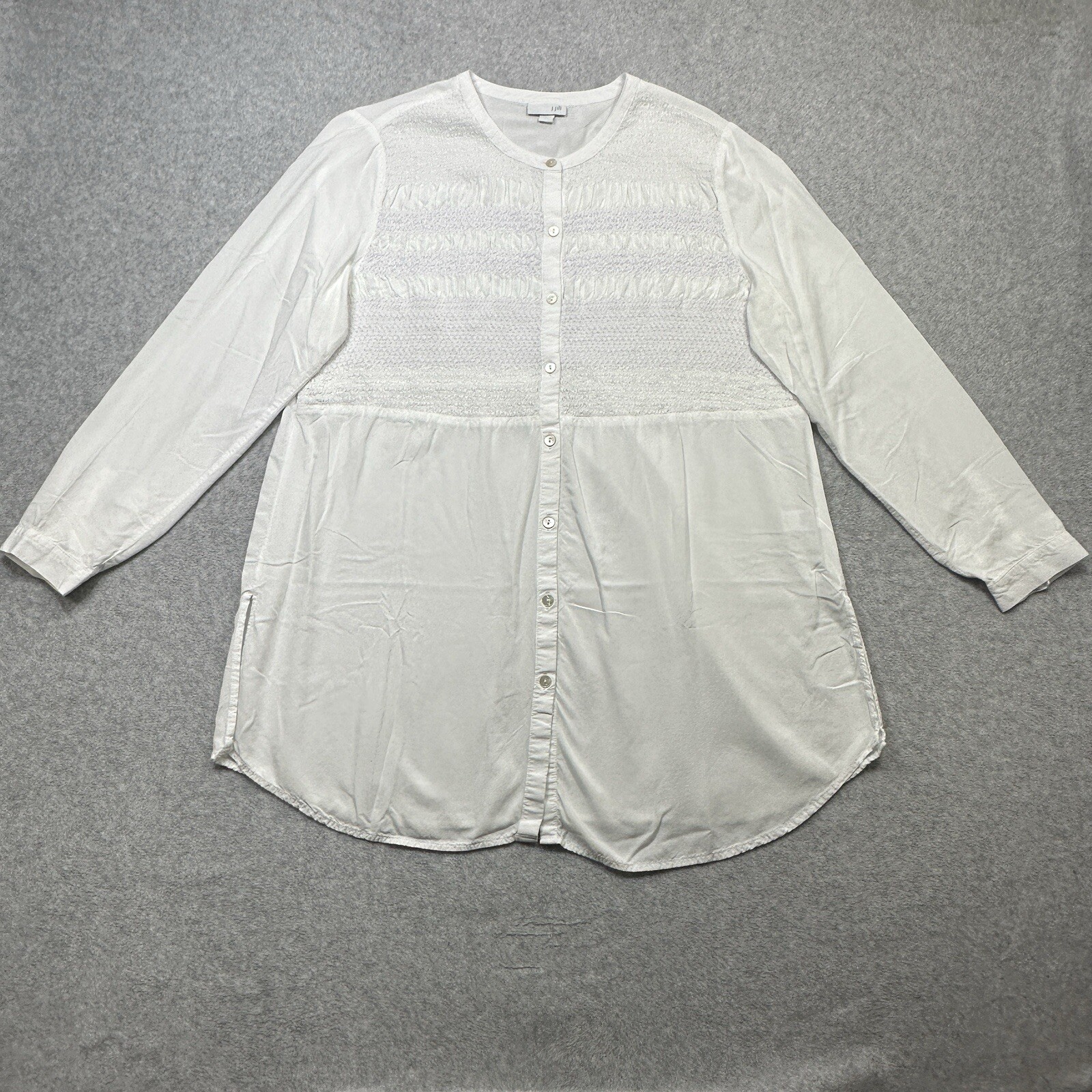 J Jill Shirt Women Large White Rayon Smocked Long Sleeve Button Front Tunic