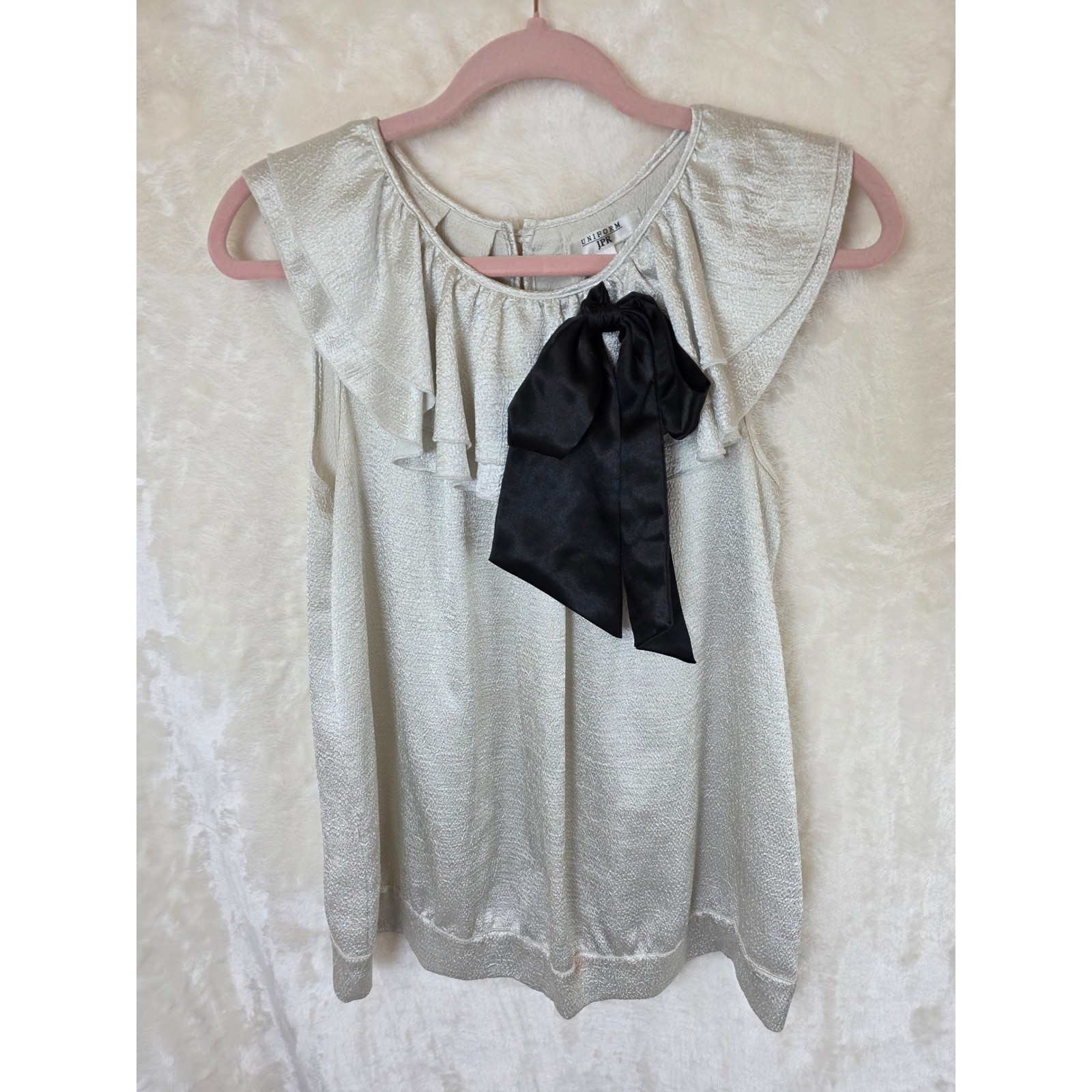 Uniform JPR Champagne Silver Metallic Ruffle Bow Blouse Womens Large