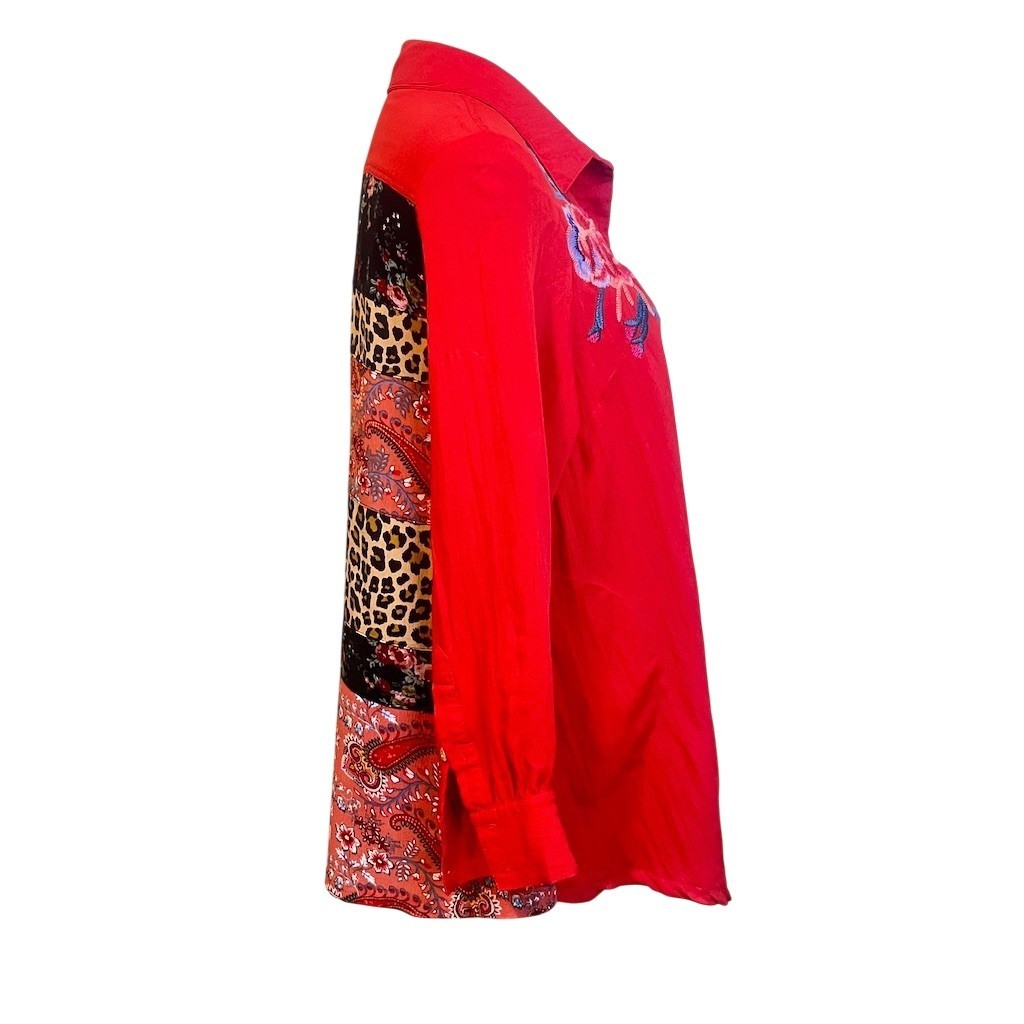 Boho Western Floral Patchwork Shirt S Red Embroidered Animal Print Festival