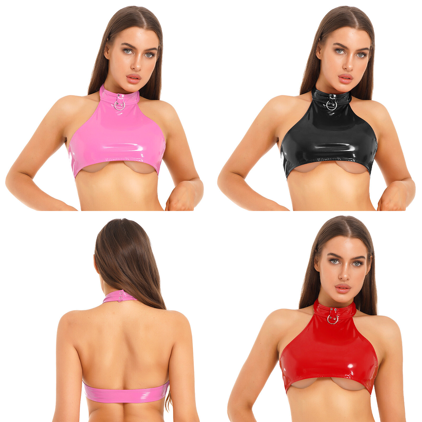 Women’s Halter Leather Crop Top Sleeveless O Neck Bodycon Shiny Latex Liquid Top