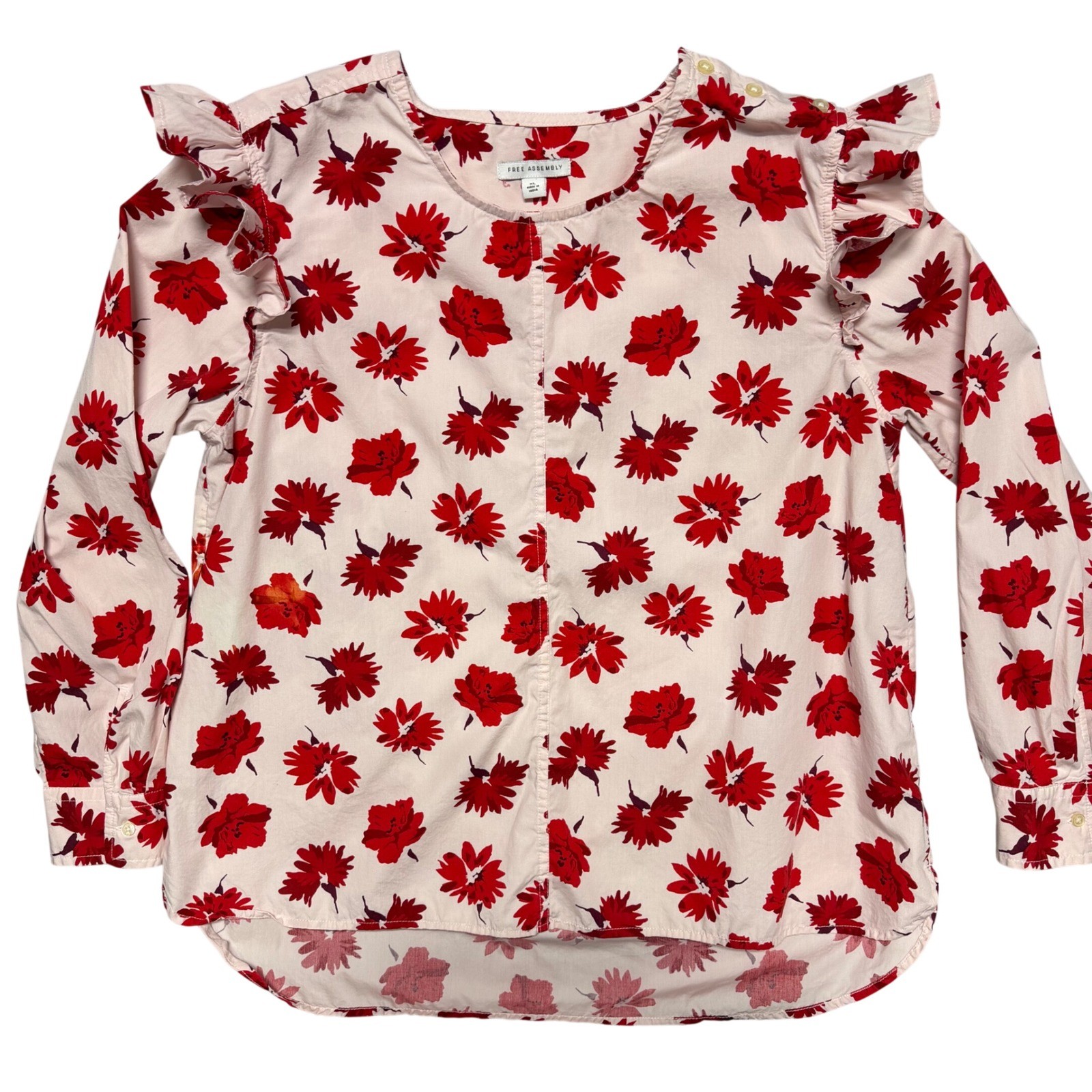 Free Assembly Womens XL Pink Red Floral Ruffle Shoulder Cotton Blouse Top