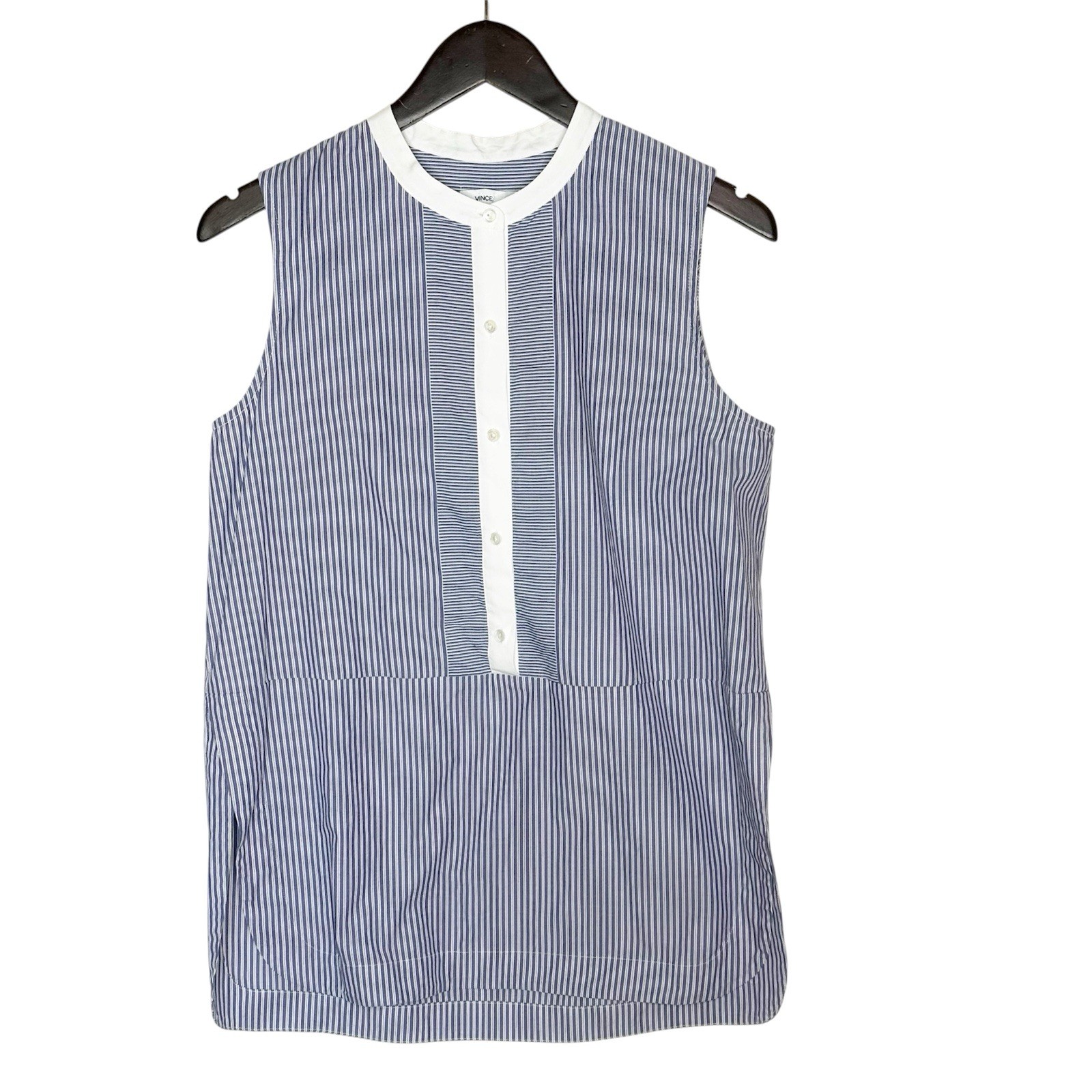 Vince Pin-Striped Sleeveless Cotton Tunic Blouse, White/Indigo Small