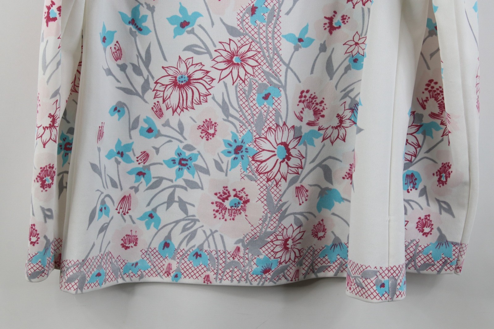 Vtg 60s 70s Mid Century Modern Womens L Flower Knit Dagger Collar Button Shirt