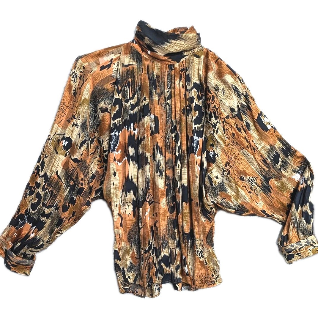 14 L XL TESS SATIN CHIFFON BURN OUT BUTTON BACK DOLMAN TOP SHIRT BLOUSE VINTAGE