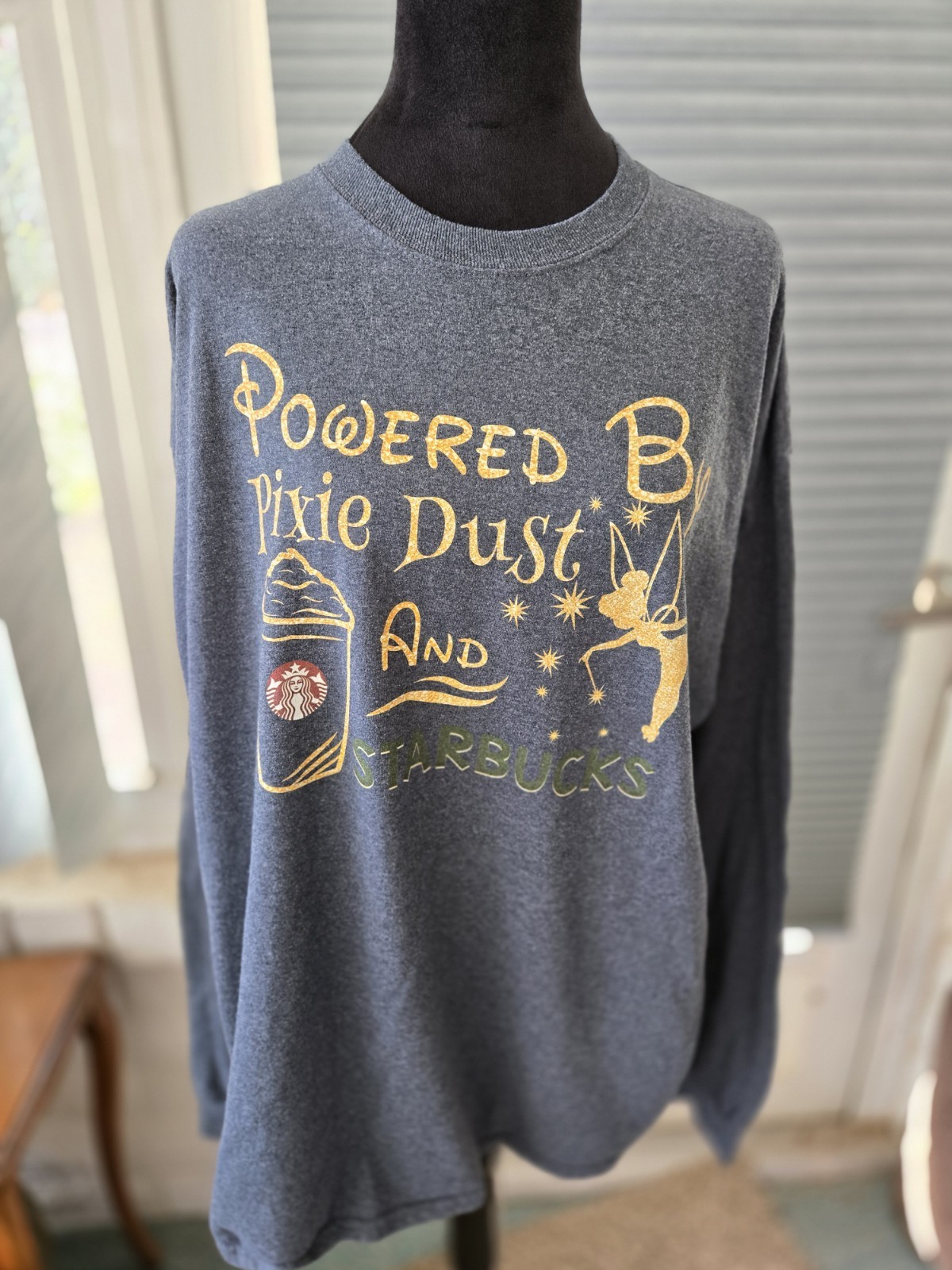Woman Ls Gray T Shirt Powered By Pixie Dust And Starbucks Sz 2xl