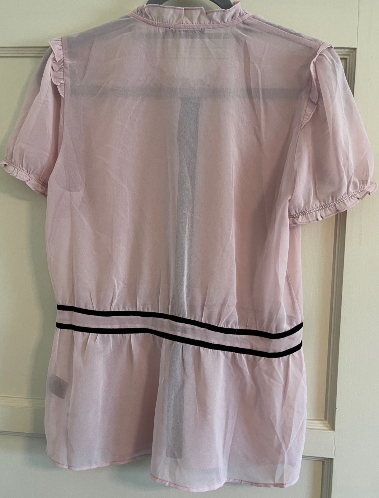 LUCCA COUTURE, WOMEN’S M SHEER PALE PINK & BLACK CONTRAST, BUTTON FRONT BLOUSE
