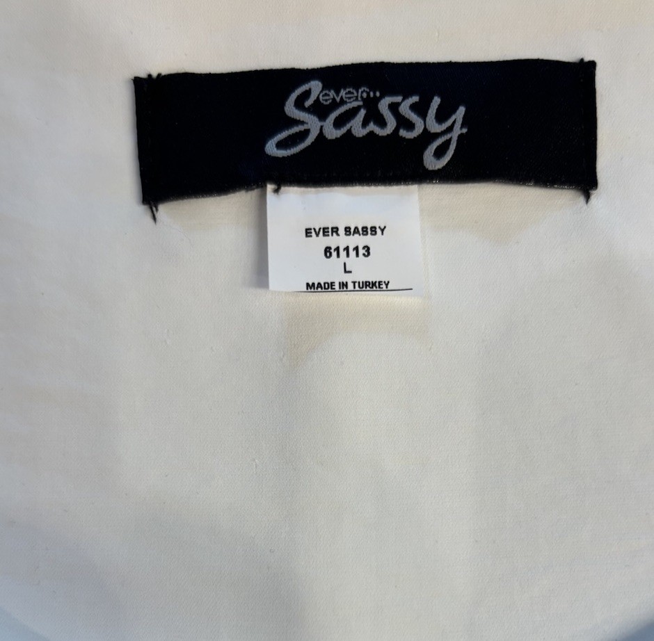 Sassy White Asymmetrical Tunic Top L Black Contrast Pocket Art to Wear NWT