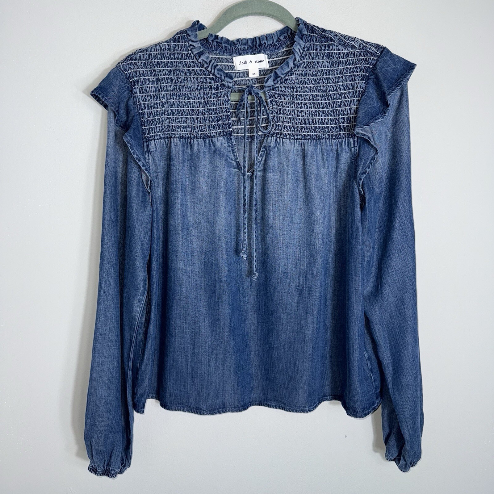 Cloth & Stone Chambray Blouse-Blue-Ruffle Shoulders-Shirred-Medium