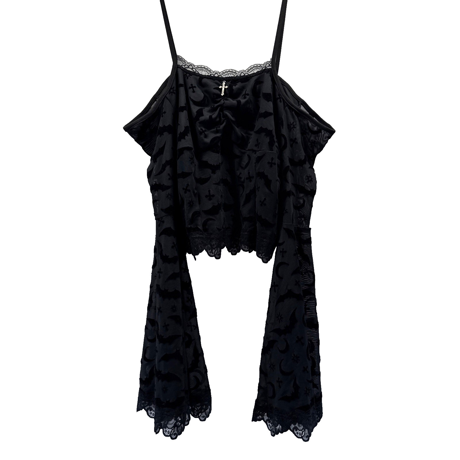 ROMWE Women’s Top S Black Velvet Burnout Whimsigoth Whitchy Gothic Bell Sleeves