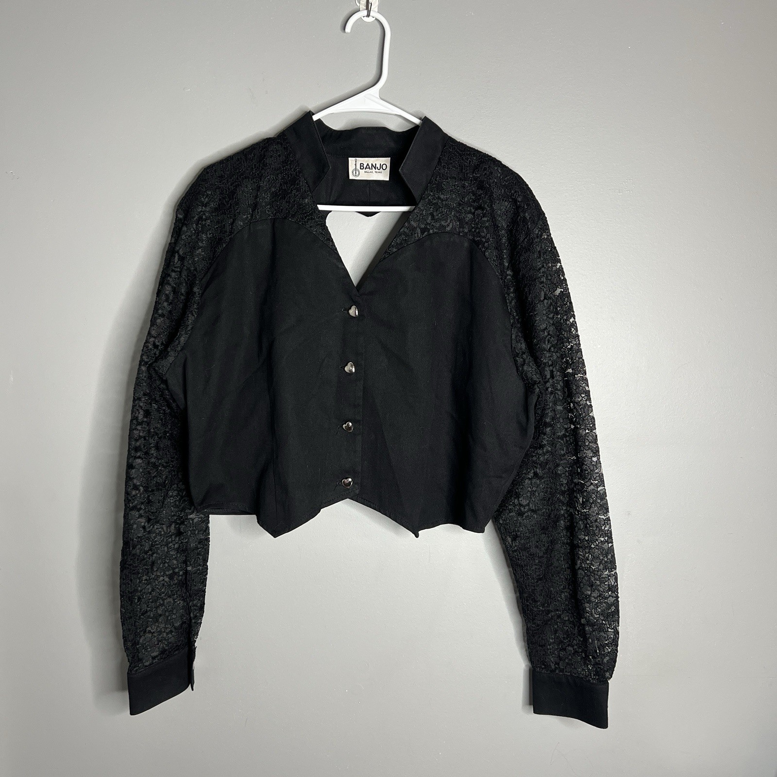 Vintage Banjo Western Black Heart Button-Up Cropped Blouse with Textured Sleeves