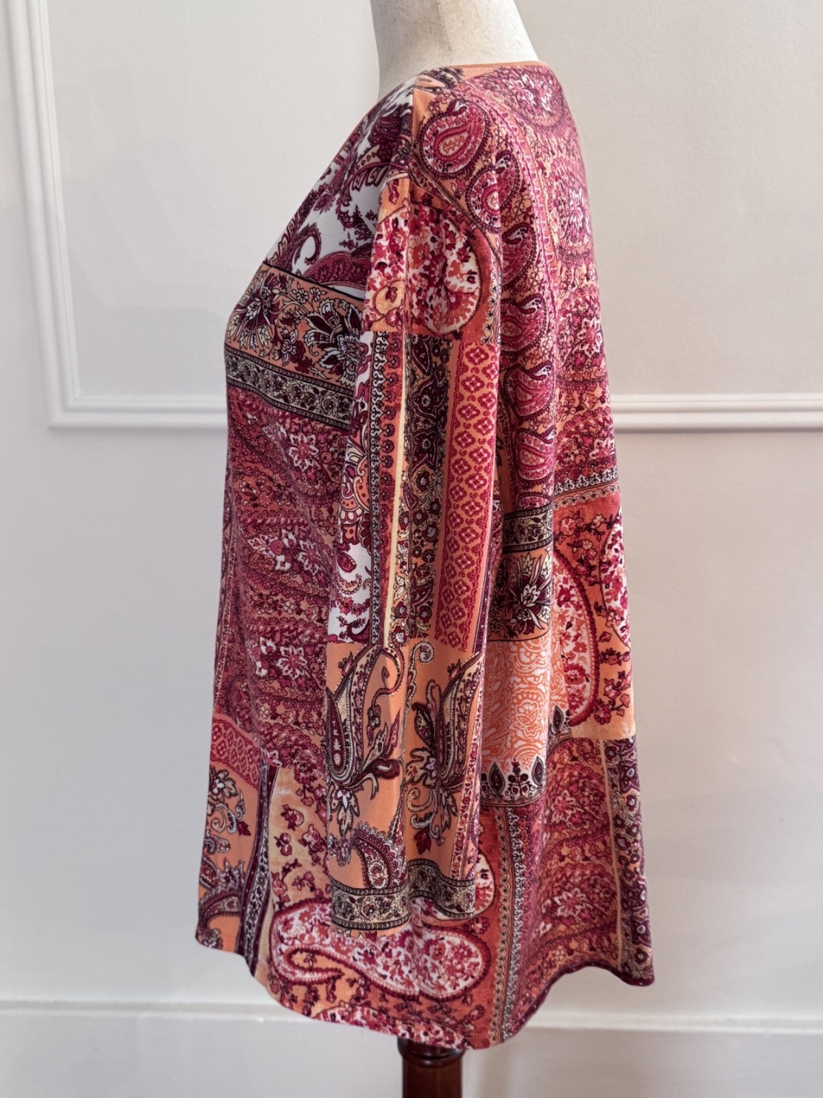 Chicos Size 3 Pink Paisley Patchwork Tunic Blouse Cotton Stretch Taiwan