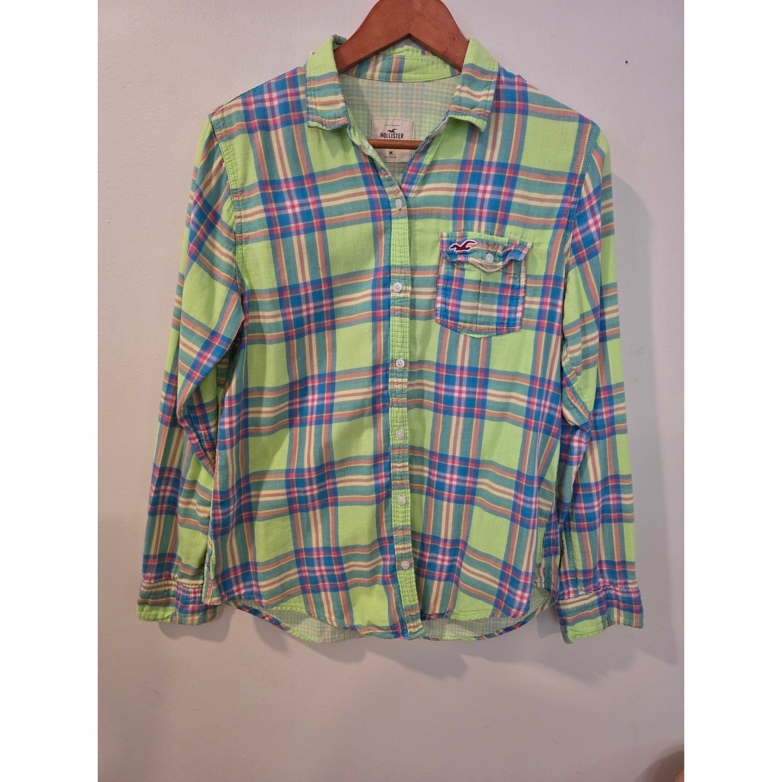 Hollister Plaid Button Down Shirt Medium Lime Green Blue Pastel Logo Y2K