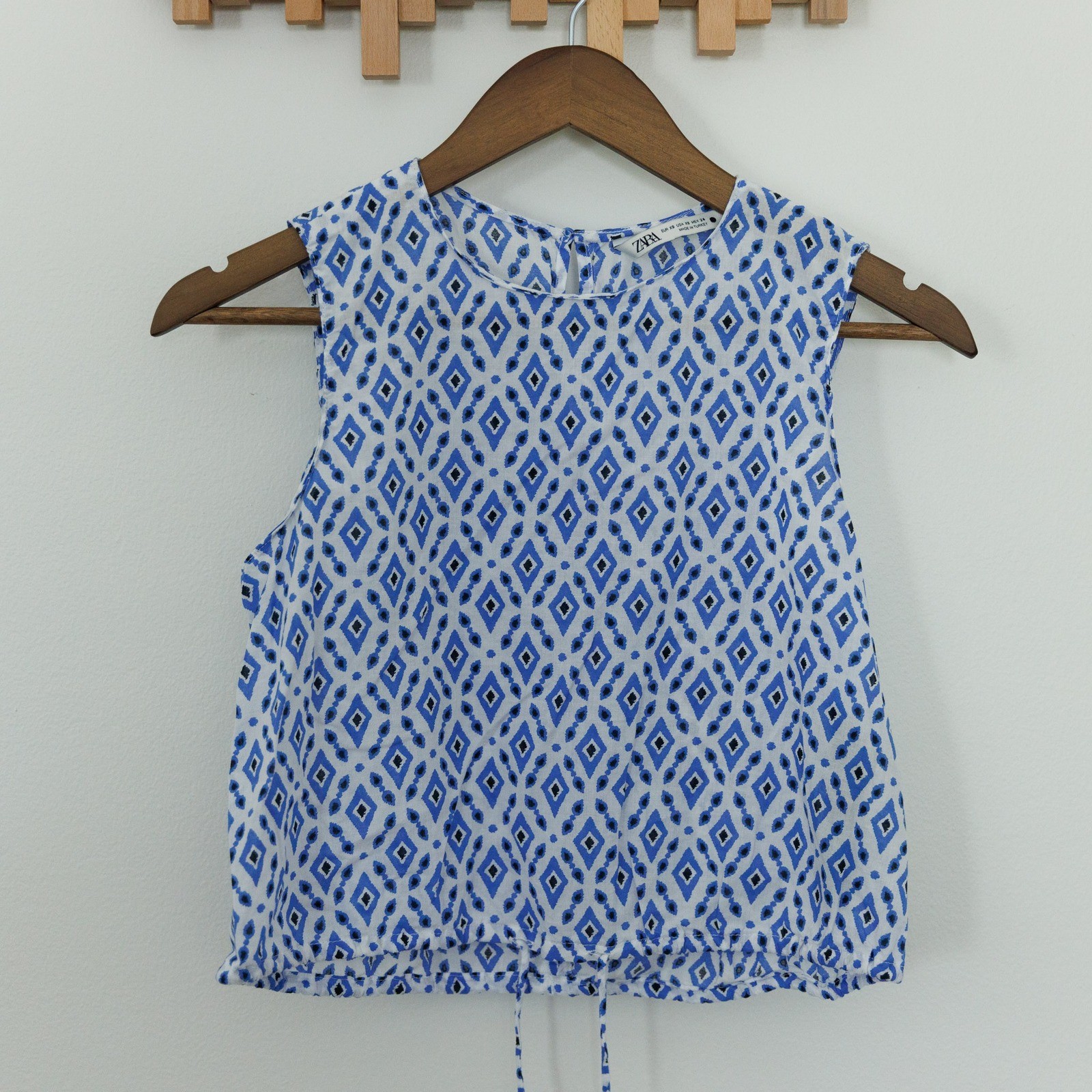 Zara Womens Blue White Geometric Diamond Print Cotton Crop Top Sleeveless XS