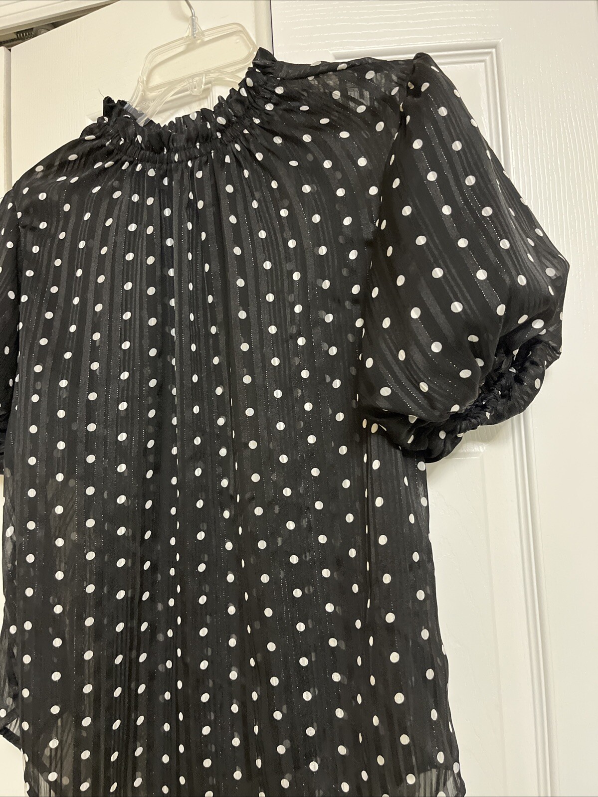China Dolls~Short Puffed Sleeve Black & White Polka Dots~HighNeck Blouse Size XL