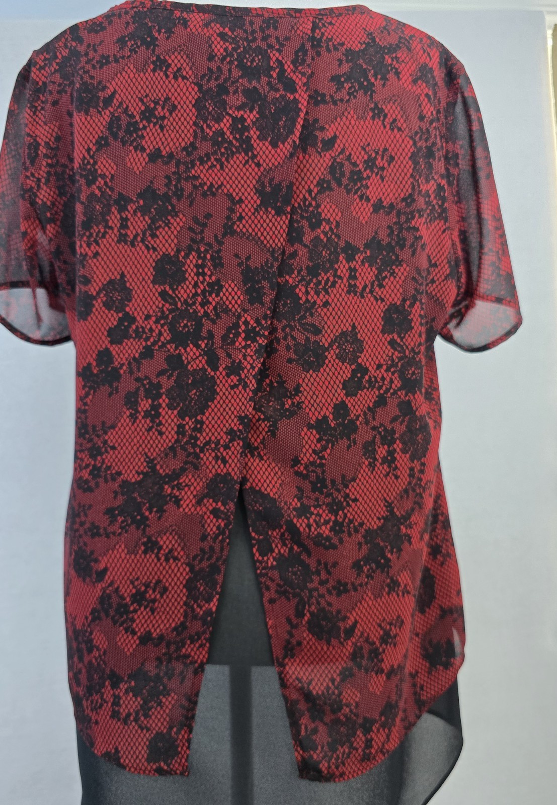 Michael Kors Layered Chiffon Blouse Womens PL Red Black Floral Mesh Split Back