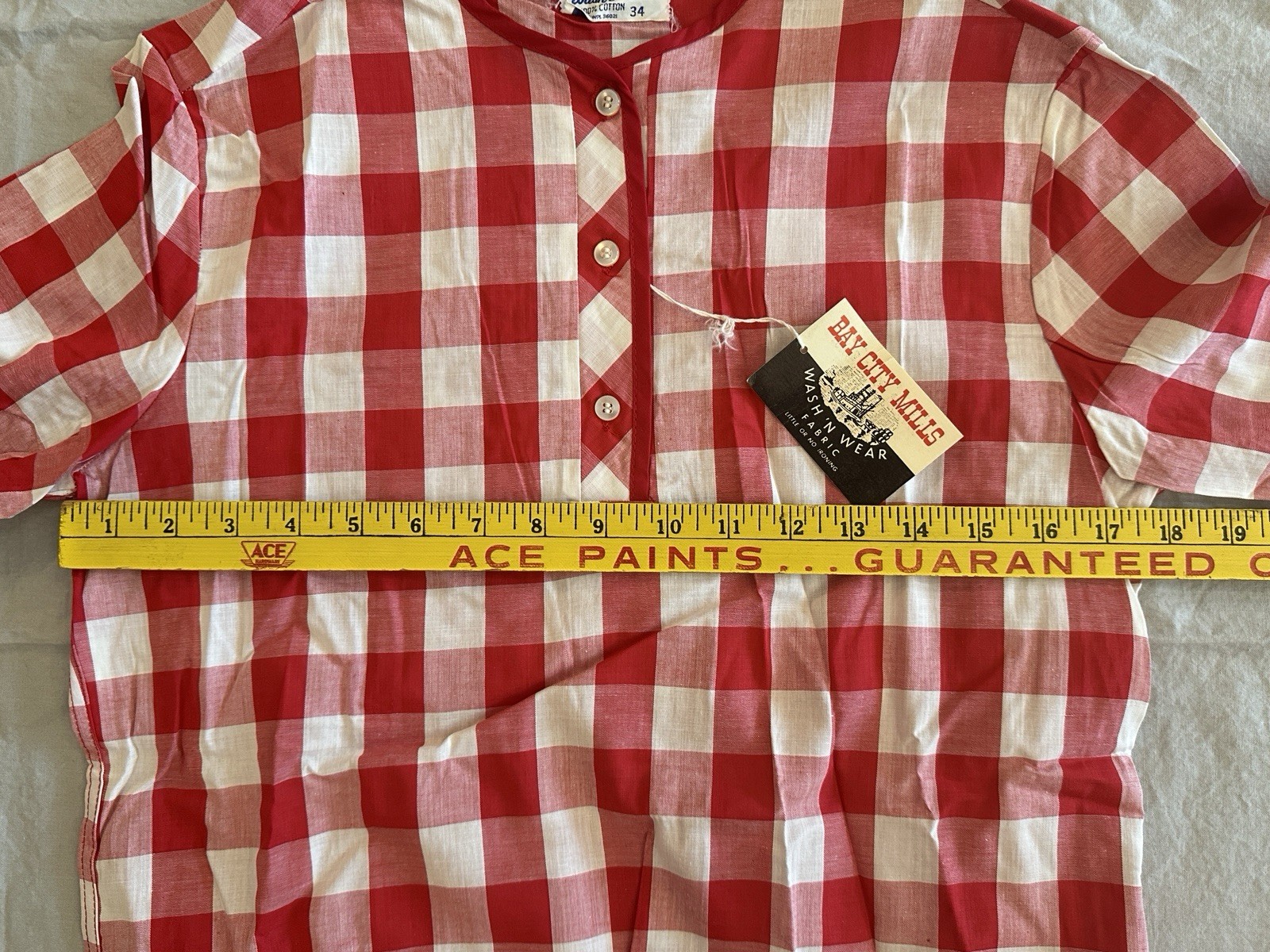 Vintage 50s Bay City Mills Red Gingham Cotton Blouse Sz 38 NOS Wash ’N Wear USA