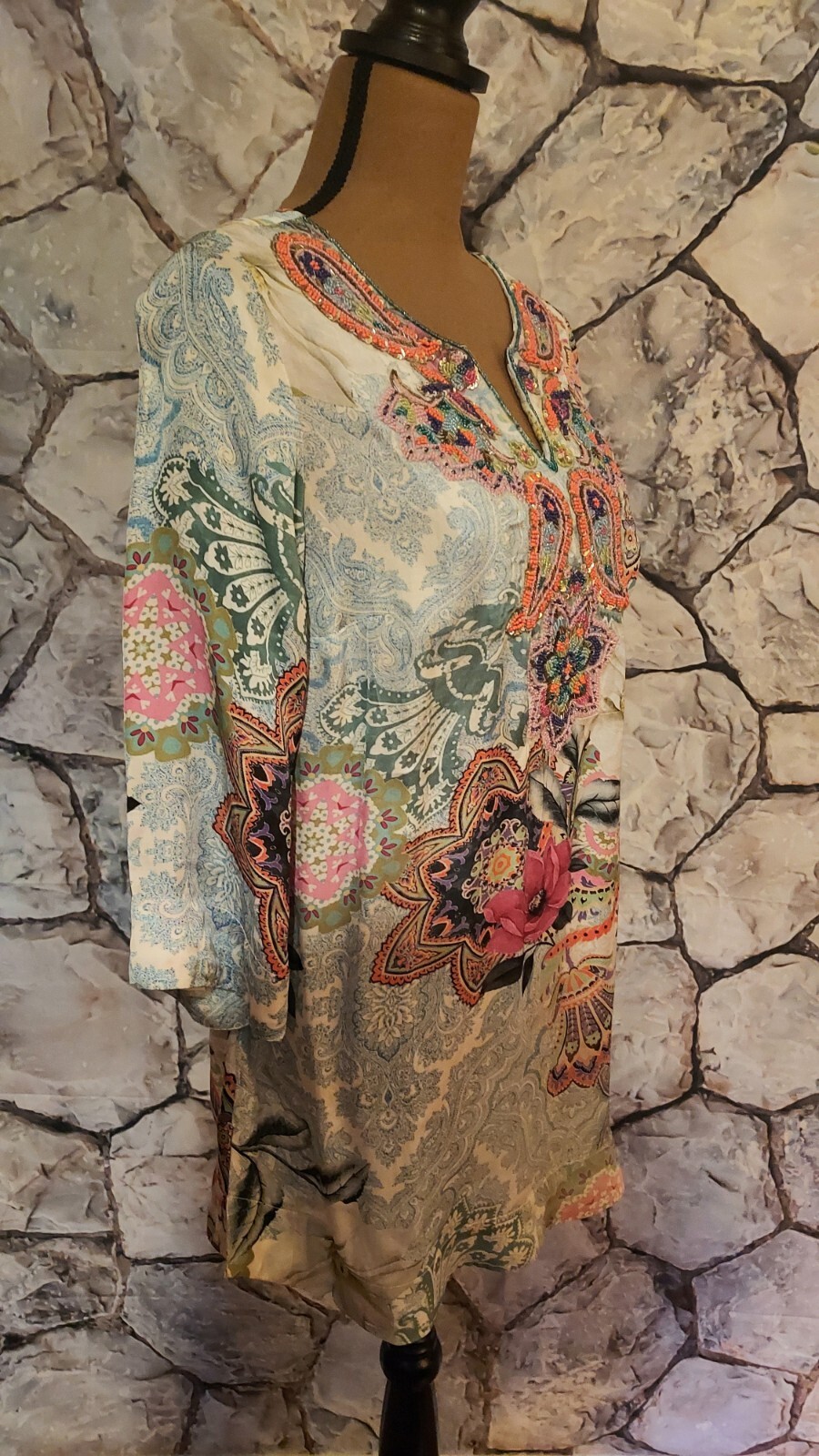Soft Surroundings Florent Tunic in Aquatic Blue Beaded Sequins Size XS Beautiful