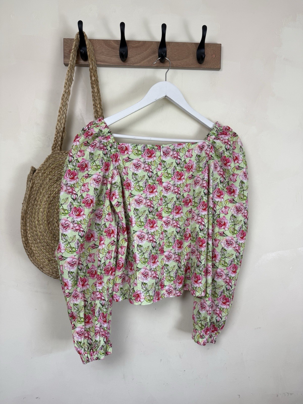 Joe Browns Floral Milk Maid Blouse UK10-12 Green Pink Roses Puff Sleeves Cotton