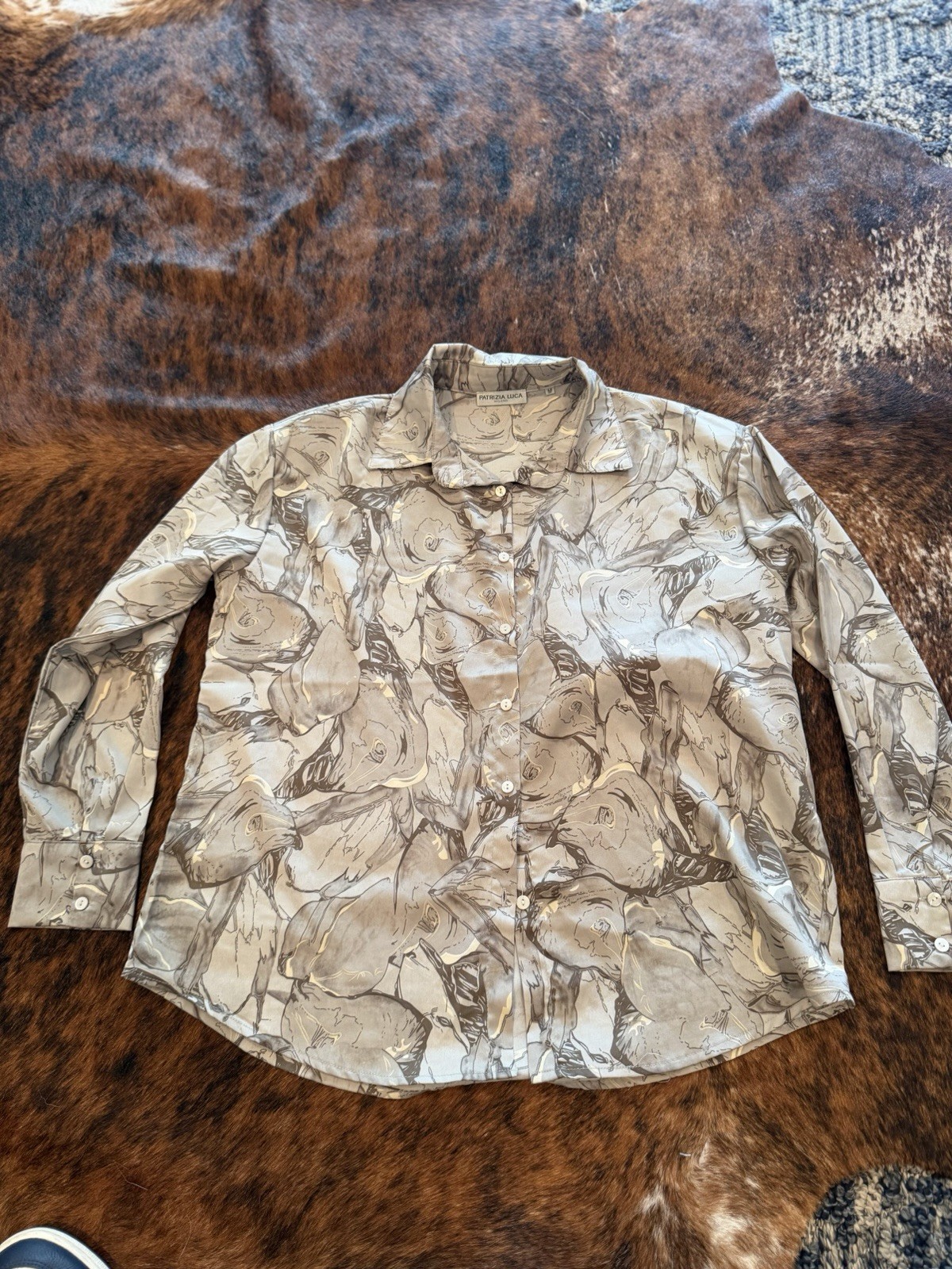 Patrizia Luca Milano Button Up Pattern Geometric Front Blouse Sz Medium Brown