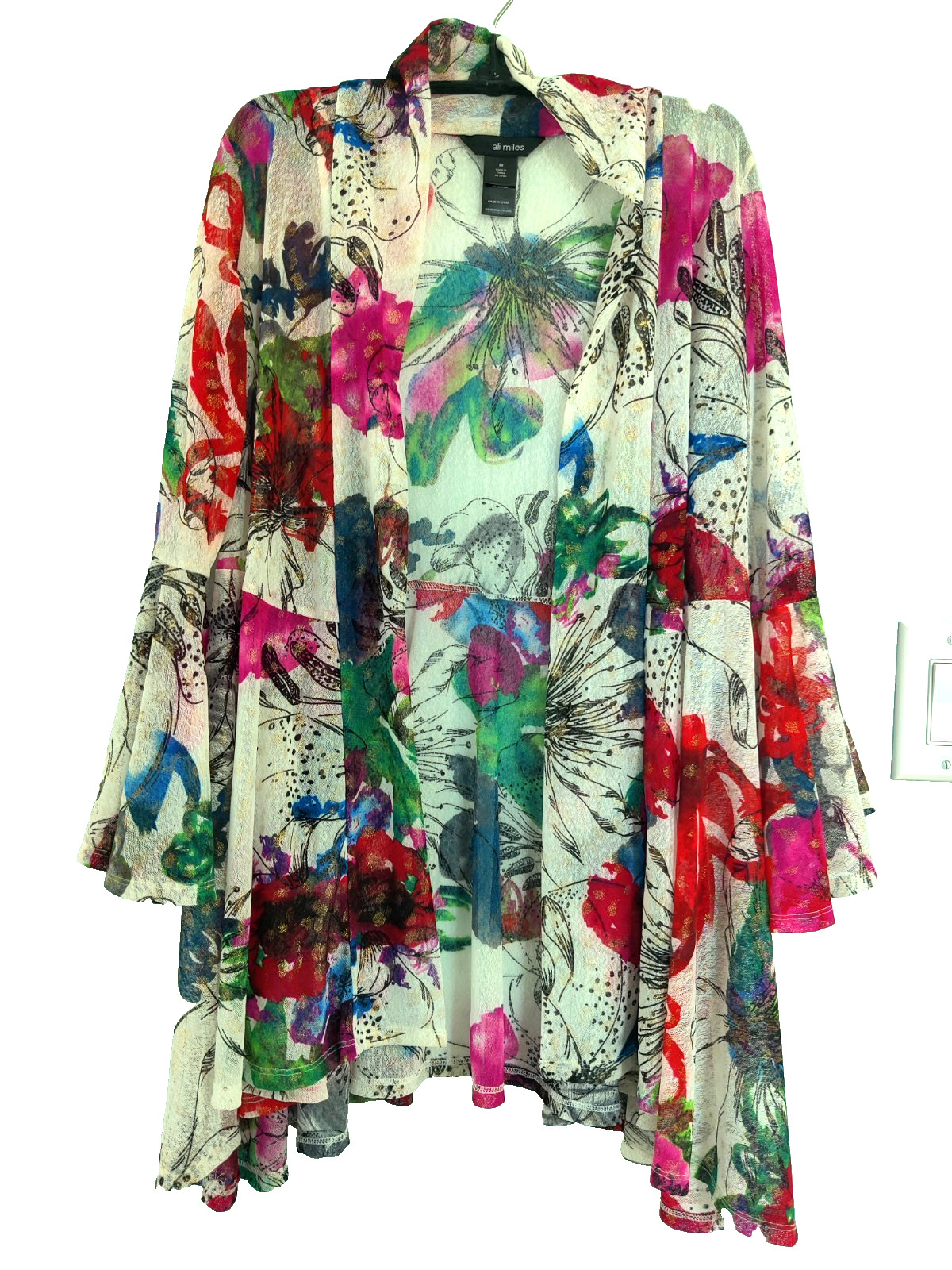 Ali Miles M Sheer Cover Up Cardigan Top Blouse Cream MultiColor Mesh Net Spandex
