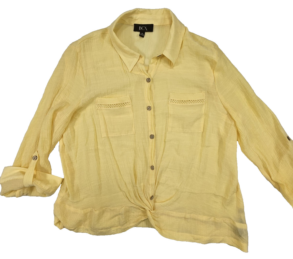 BCX Hem Twist Button Up Shirt Yellow Roll Up Sleeves Size XLJuniors