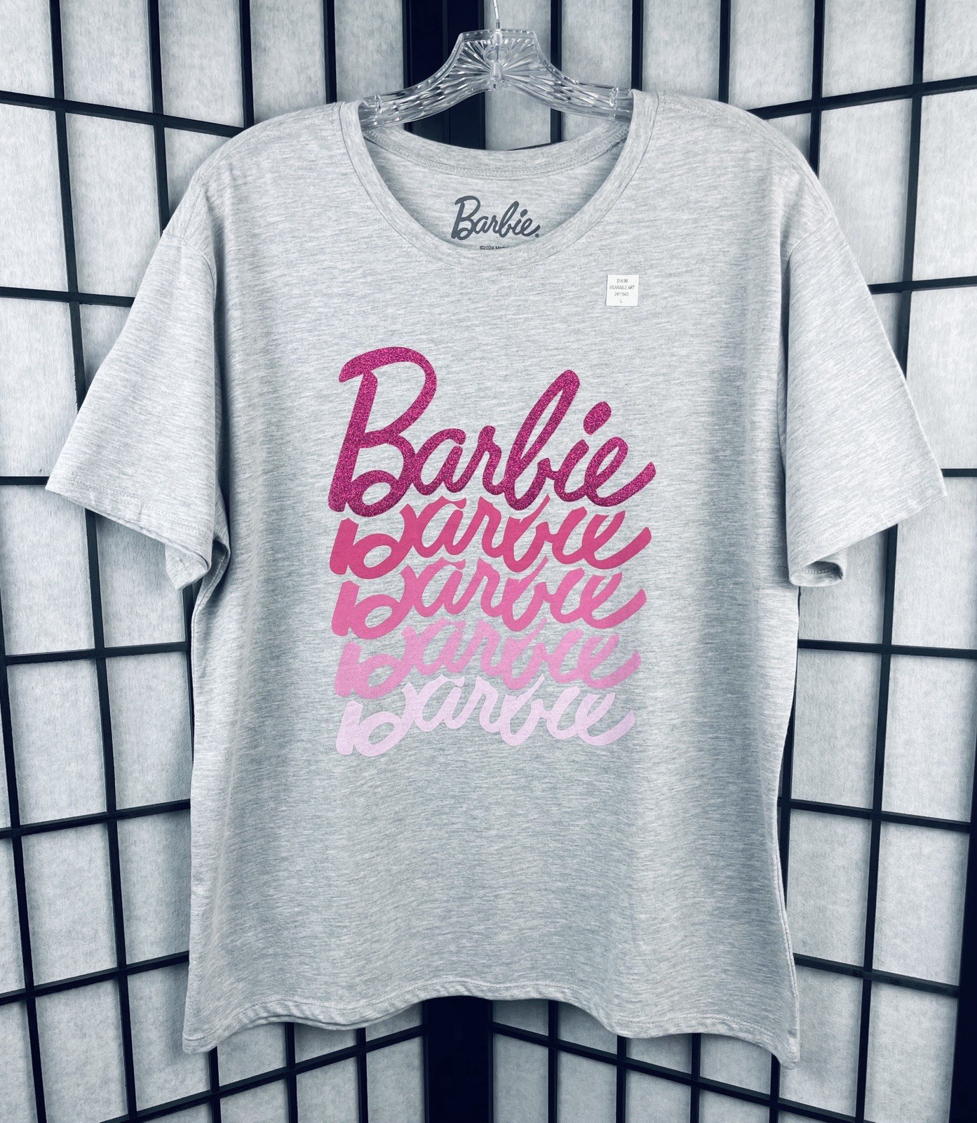 Gray T Shirt with Shades of Pink and Glitter Lettering “Barbie”-Adult Size Large