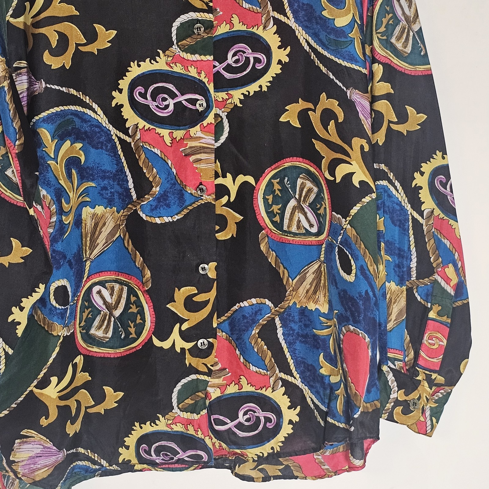 Vintage Basic Editions Top Womens Medium Multi Silk Button Up Music Baroque Fun