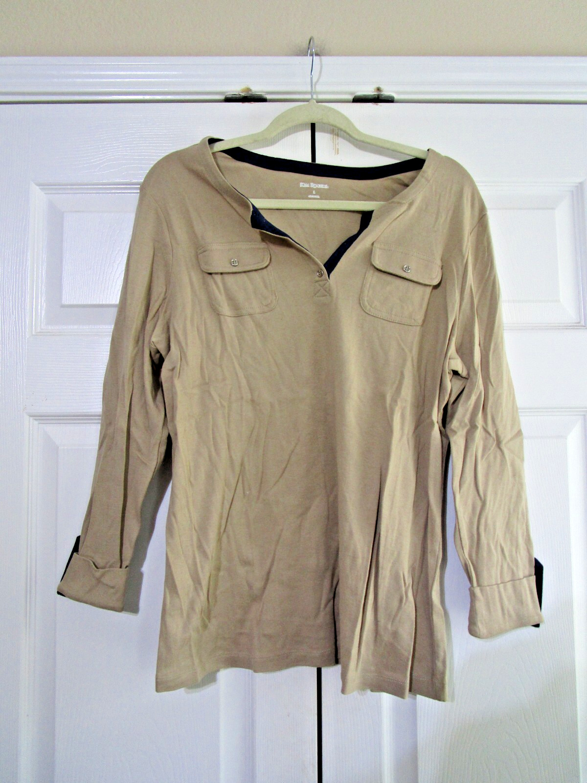 NWT Kim Rogers Womens Henley Top Size Large Beige Navy Long Sleeve