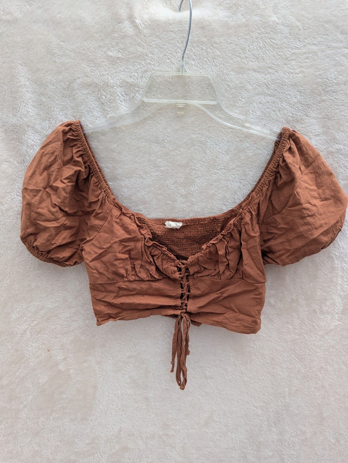 L.A. Hearts PacSun Brown Puff Sleeve Lace-Up Crop Top