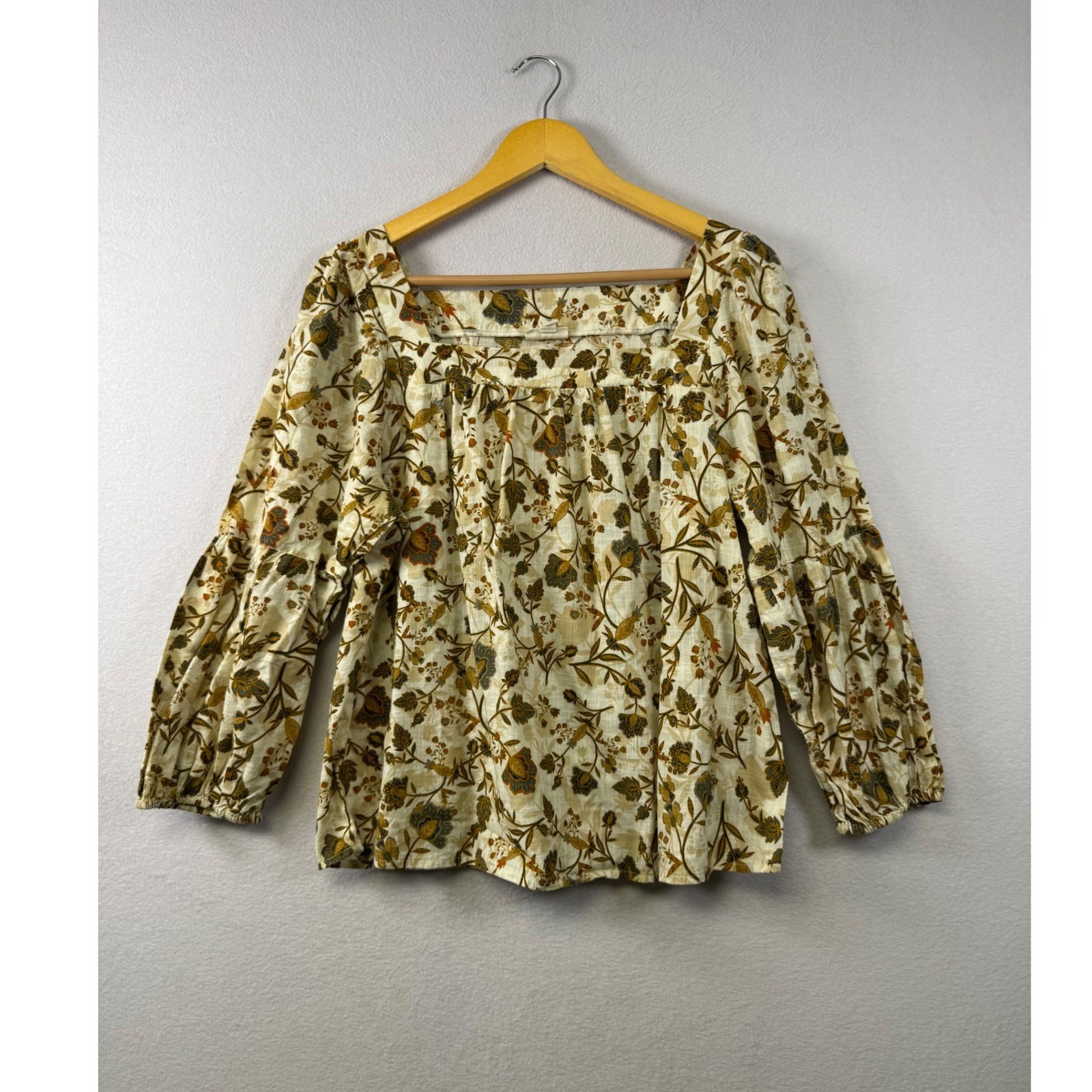 a.n.a Floral Square Neck Blouse Women Large Cream Mustard Boho Tiered Sleeve