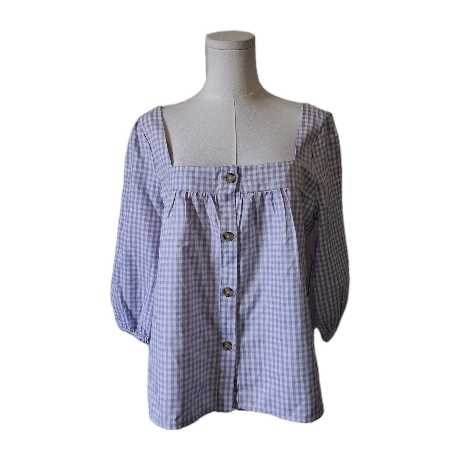 Sunny Leigh Top Women’s L Purple White Gingham Square Neck Puff Sleeve Babydoll