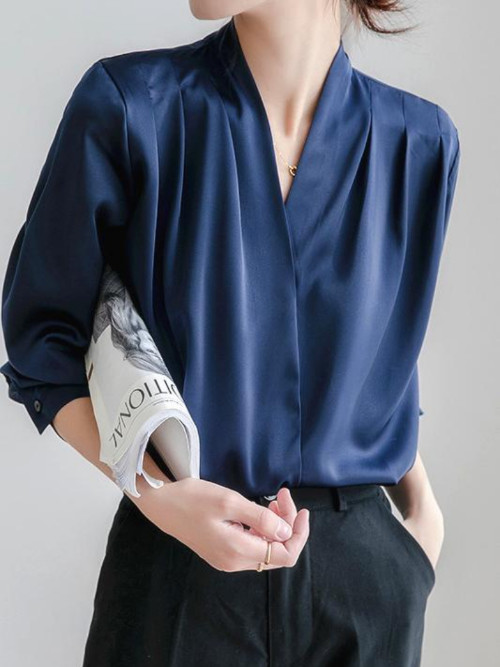 Womens Long Sleeve Shirt Silk Stain V-Neck French Office Lady Summer Blouse Tops