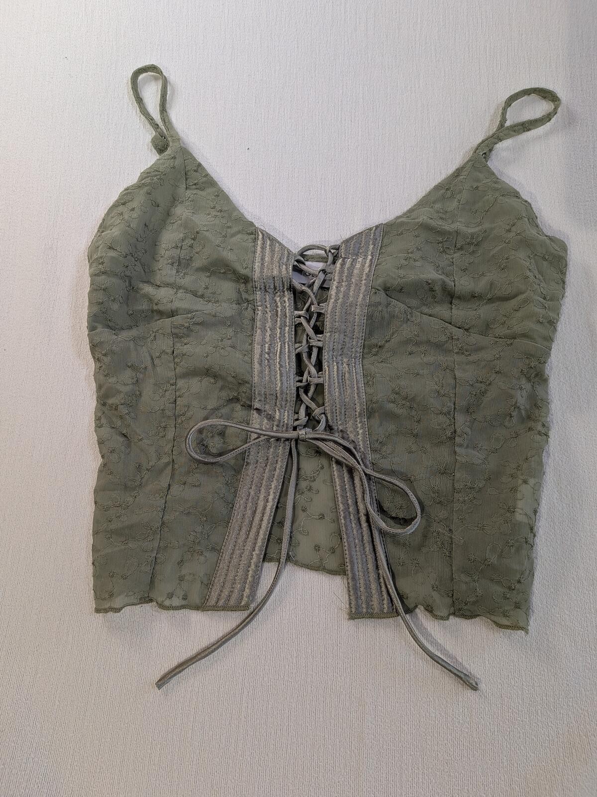 Tiger Mist Olive Green Lace-Up Embroidered Crop Top, Size M