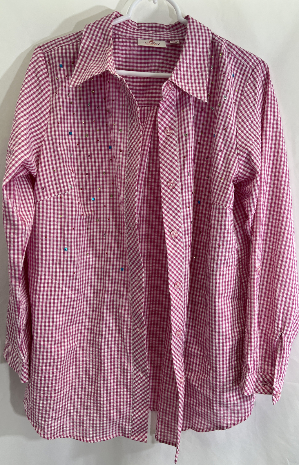 Quacker Factory szS Pink Checkered Button Front shirt beads bling pockets