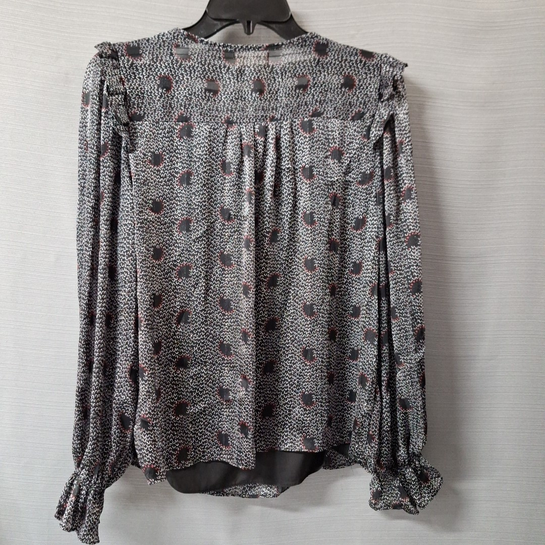 Melloday Long Sleeve Flowy Blouse Ruffle Keyhole Neck Bow Black Patterned Size M