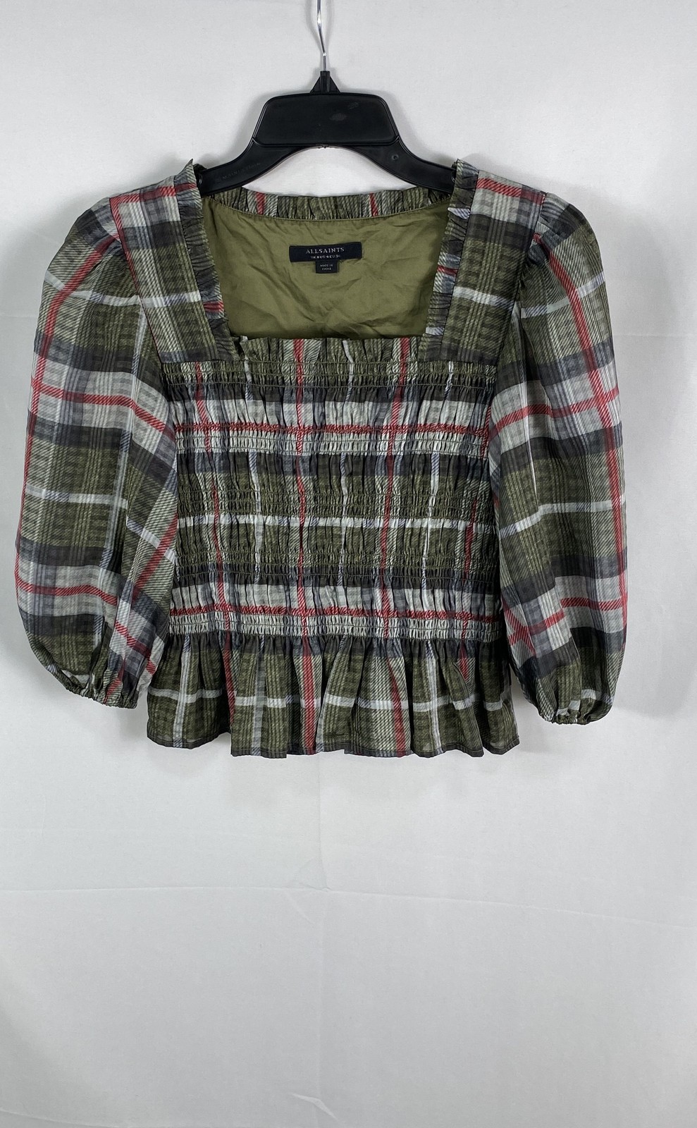 AllSaints Women’s Green Plaid Lia Check Smocked Puff Sleeve Peplum Top Sz 4
