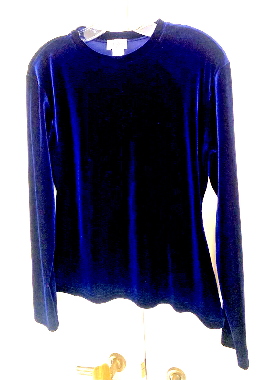 Top Jonden by Linda Leal Dark M Lush Blue Velvet Round Neck Long Sleeves NWT USA