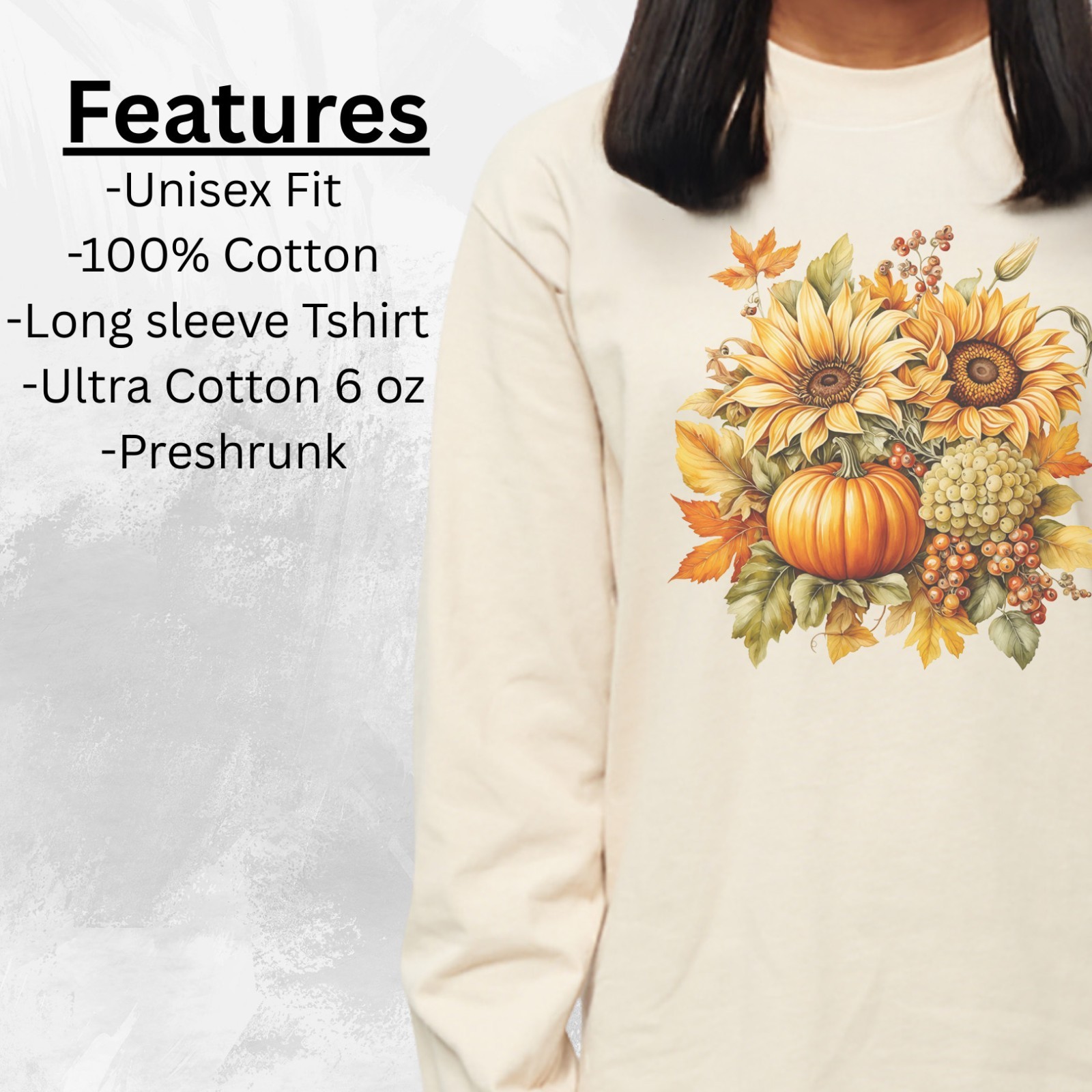 Sunflower Pumpkin Grapes Fall Shirt Cream Autumn Floral Long Sleeve Tee