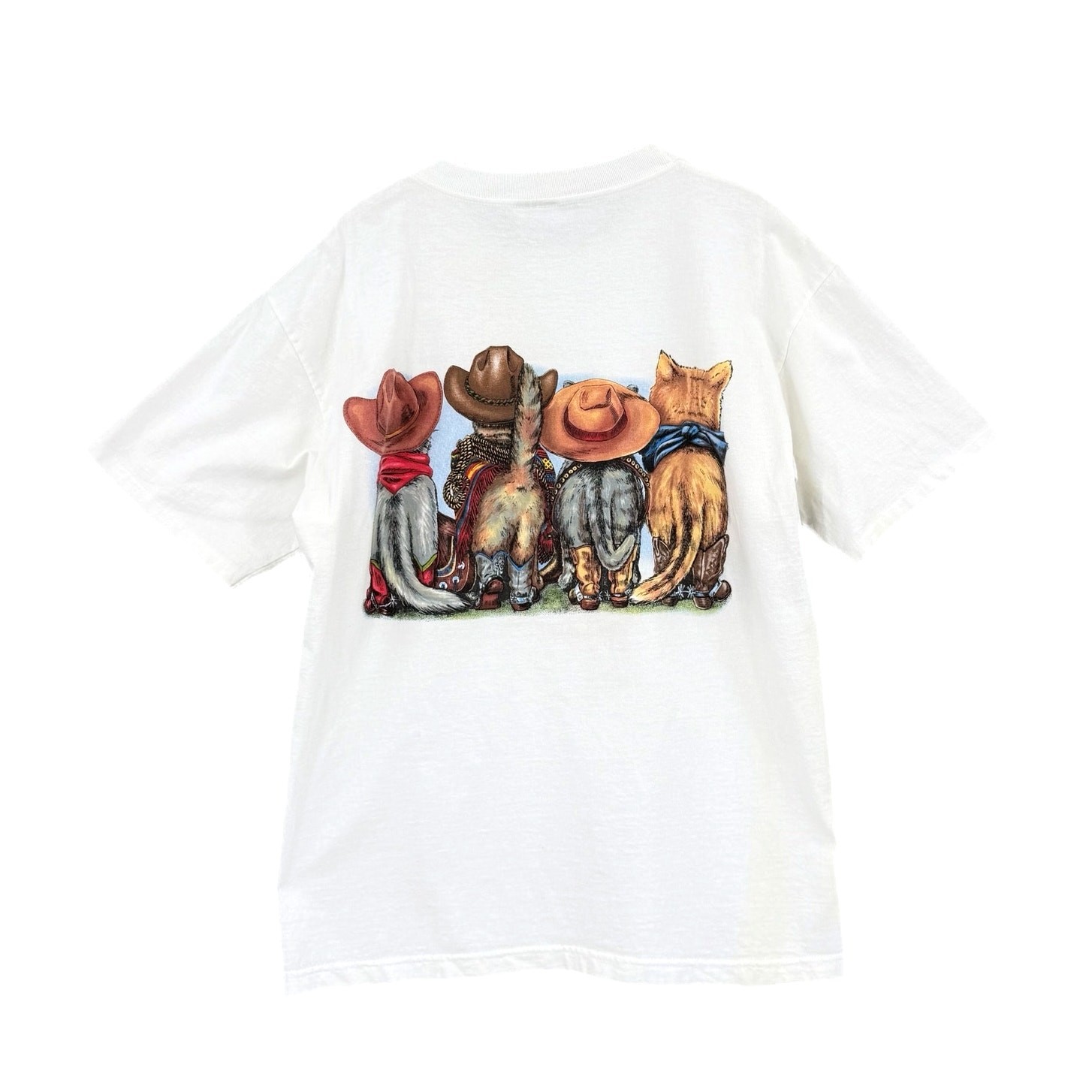 Vintage Prints of Tails Lg Cowboy Cats 90s Cotton Illustration Western T-shirt