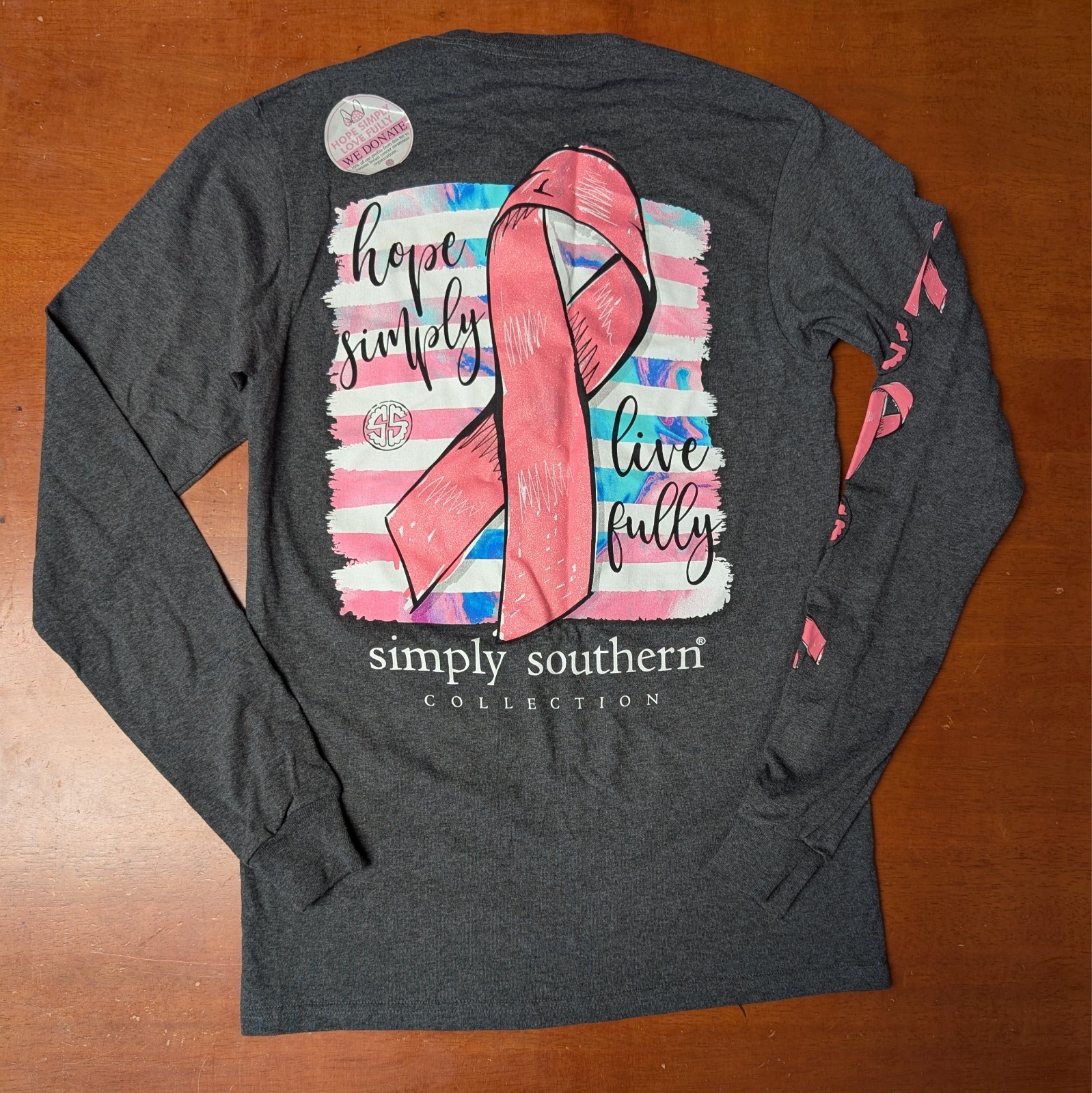 Simply Southern Womens NWT Long Sleeve T-shirt Dark Gray Pink Ribbon Size S New