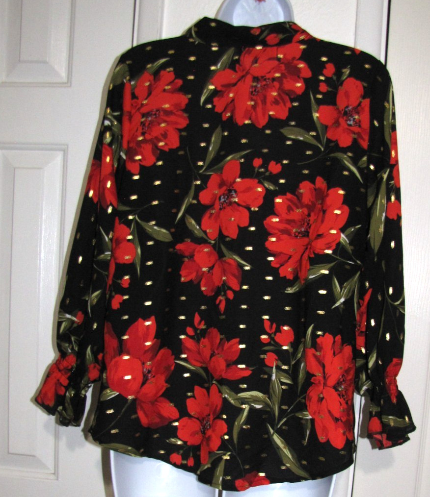Red/Black Floral High-Neck-Tie-Bow Long Sleeve Blouse Metallic accents Wm S