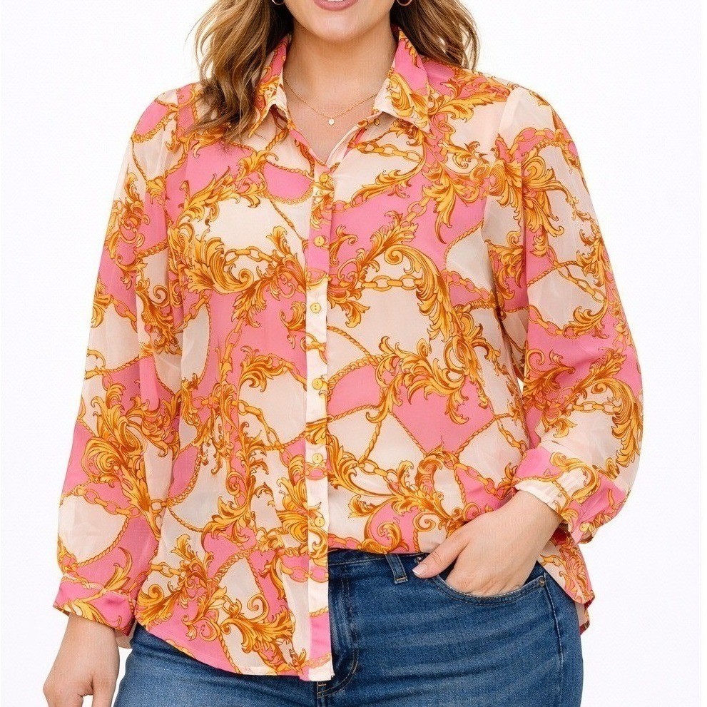 Fresh of LA Womens Top 2X Pink Gold Scroll Chain Print Sheer Feminine Retro 90s