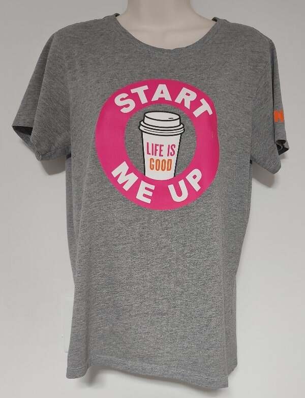 Women’s M Life Is Good Crusher Tee T-shirt Dunkin Donuts Gray Start Me Up Graphi