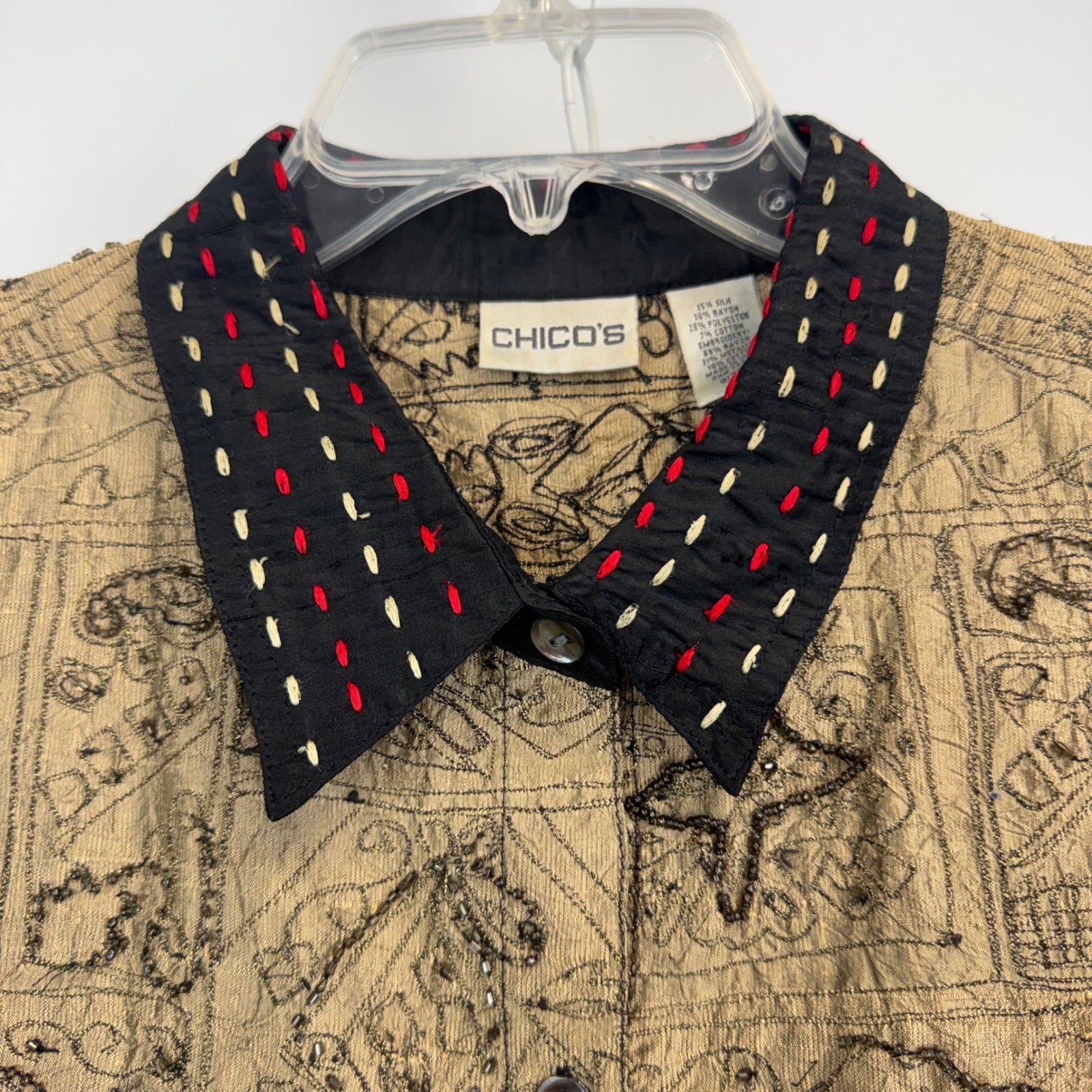 Chicos Silk Blend Patchwork Embroidered Button Front Blouse Gold Black Size 3