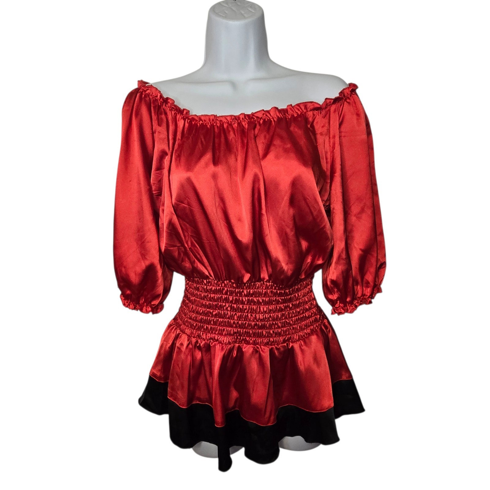 XOXO Red Satin Off Shoulder Peasant Top Smocked Waist Puff Sleeve Romantic Med