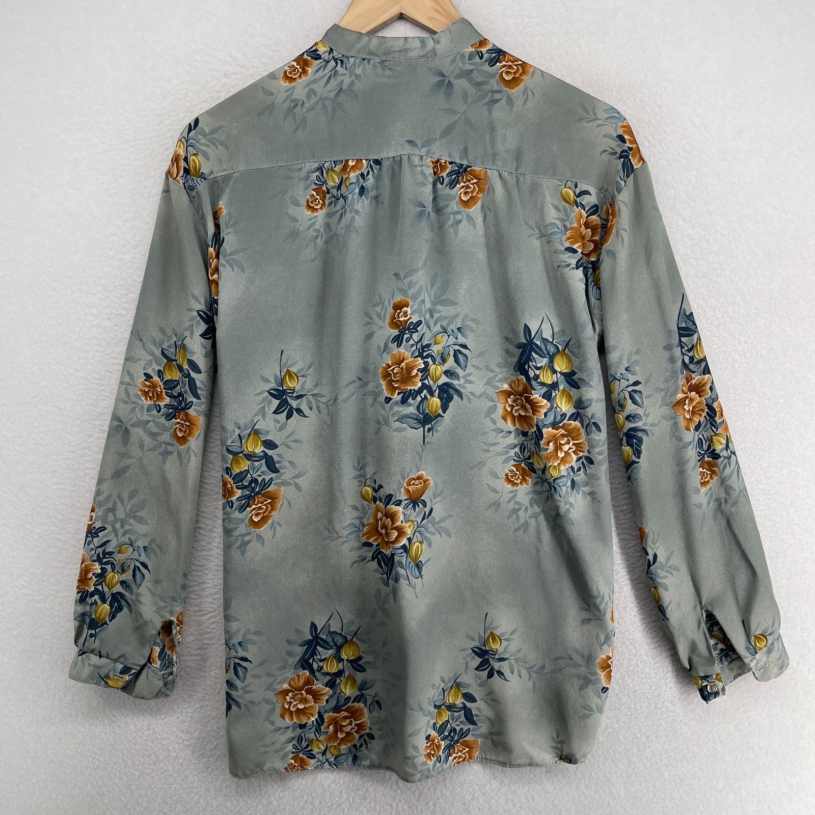 JONATHAN MARTIN Top Womens L Floral Mandarin Silk Crepe de Chine Button Up Blue