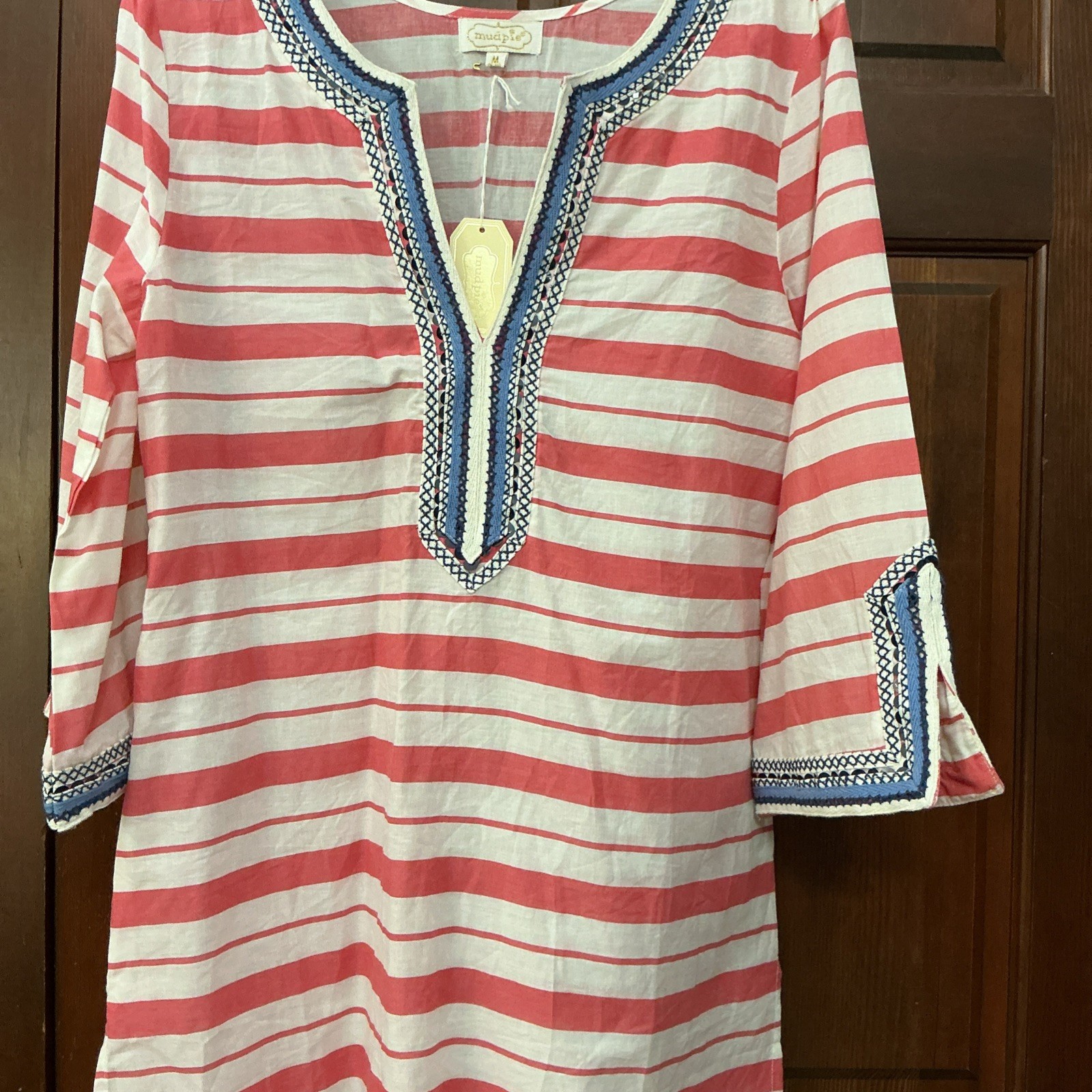 Pink Striped Embroidered V Neck Coverup By Mud Pie, Size Medium, NWT