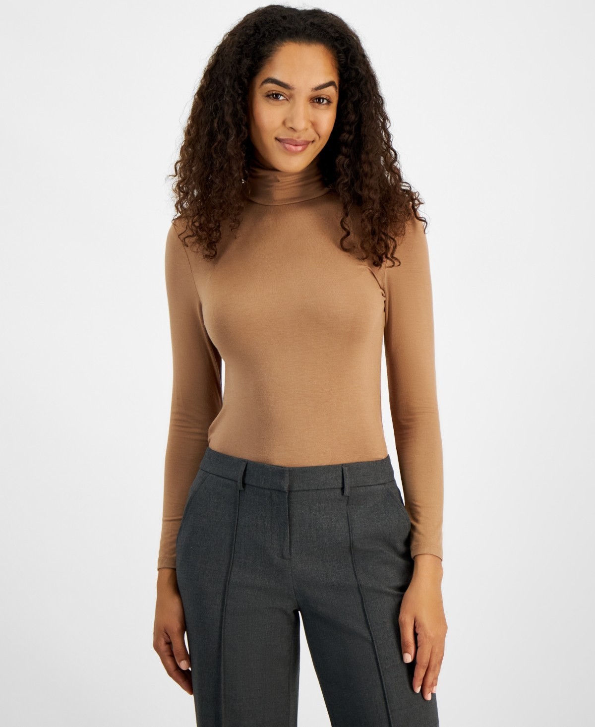 Jones New York Petite Seamless Long-Sleeve Turtleneck Top PL Caramel Pullover