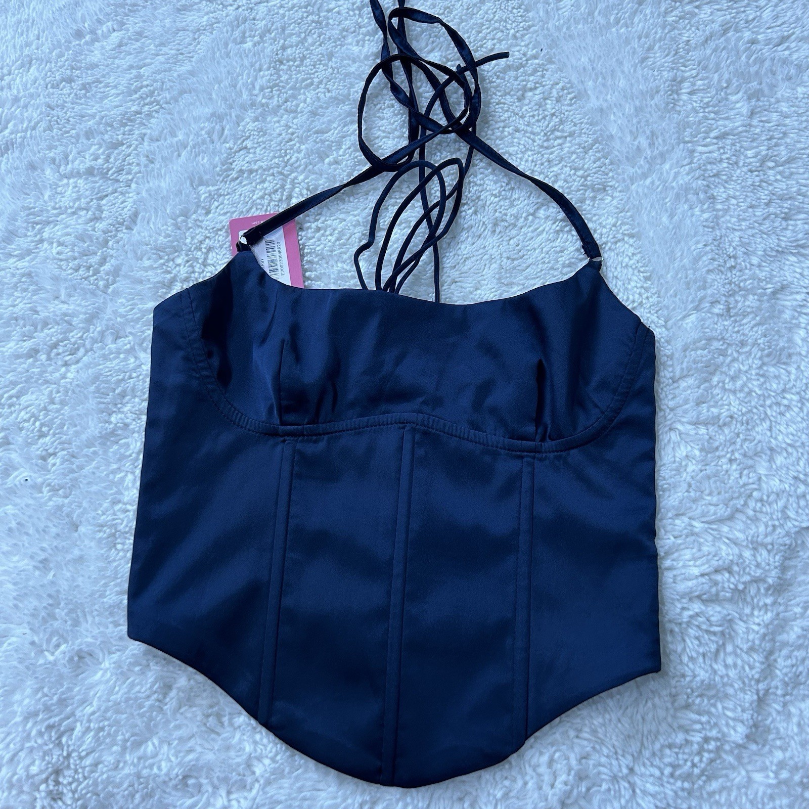 Edikted Women’s Navy Drawstring Corset Satin Sz M College Preppy City Sexy