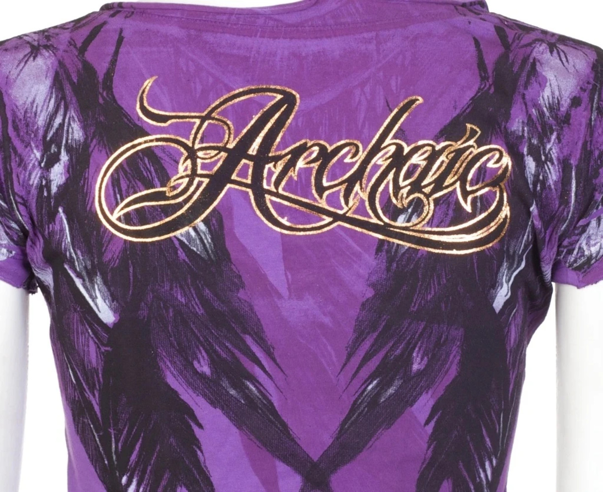 Archaic AFFLICTION Women’s T-Shirt SECOND LOVE Feathers PURPLE Tattoo Biker $40